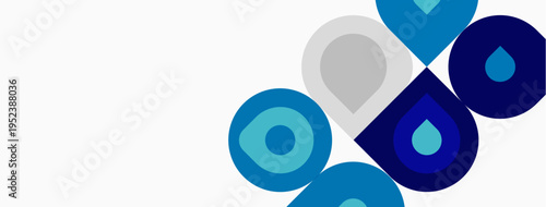 Abstract design features overlapping blue circles, droplets, plus white, gray elements. Minimalist composition, clean aesthetic.