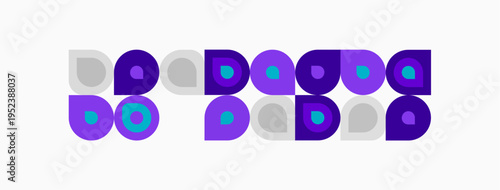 Abstract pattern features purple, gray circles. Repeating design creates rhythmic visual effect. Simple shapes, modern aesthetic.