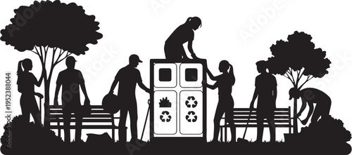 Community Volunteers Cleaning Park Silhouette Vector Illustration Set