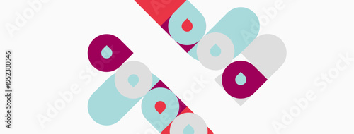 Abstract design features repeating rounded rectangles. Colors include red, blue, white. Composition appears modern, geometric.