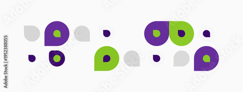 Abstract design features colorful circles, dots. Purple, green, gray hues create playful pattern. Minimalist aesthetic, simple shapes.