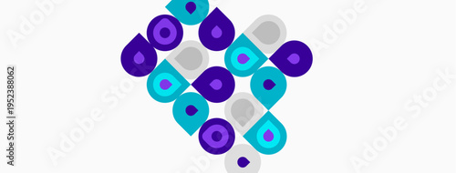 Abstract pattern. Circles, ovals, shapes combine forming diagonal arrangement. Blue, purple hues dominate white background. Minimalist design.