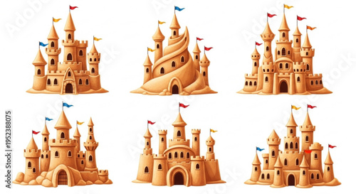 Captivating illustrations of various sandcastles, from classic designs to imaginative spirals, featuring colorful flags that symbolize summer adventures and beach holidays