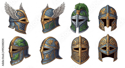 Intricate conceptual illustrations of ancient and fantasy warrior helmets, adorned with decorative patterns and symbols, suitable for game design and creative projects