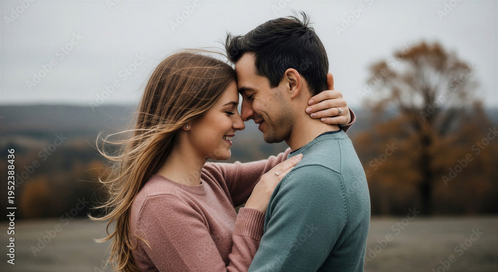 Fototapeta premium Young couple smiling and embracing outdoors in autumn landscape 