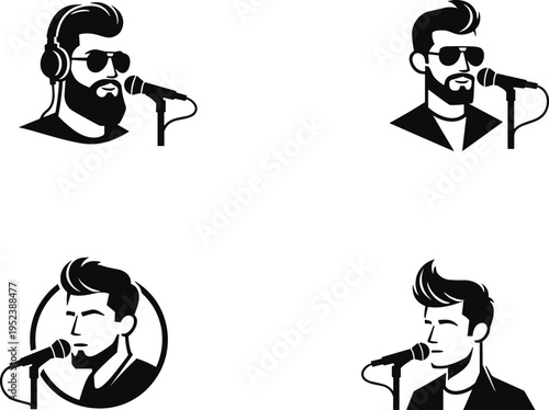 Male singer logo icons microphone bearded man vocalist music avatar set black vector illustration collection design