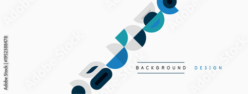 Abstract design features overlapping blue shapes. Minimalist style with text elements indicating background, design concept. Clean, modern aesthetic.