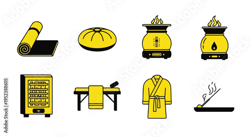 Set of 8 spa icons vector, yellow and black