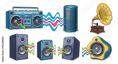Collection of audio playback devices and sound waves, representing music and technology