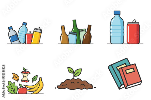 Waste segregation and recycling icons set, flat style eco symbols