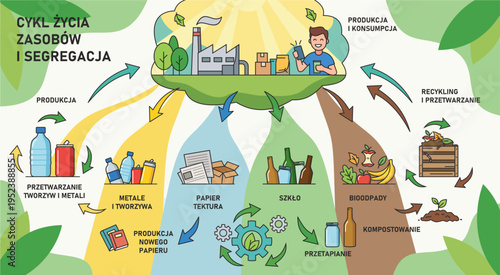Circular economy infographic in Polish language, resource life cycle and waste segregation