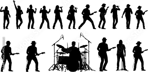 Music band silhouettes collection, singers guitarists drummer set, live concert performance poses, stage musicians illustration, entertainment show design, rock band concept
