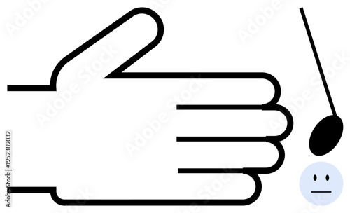 Focus, balance, behavioral decisions, mental health, time management, mindfulness. A hand gesture with a pendulum and a neutral face icon. Focus and balance concept for mental health and mindfulness