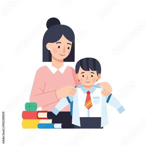 Mother helping son get dressed for school.