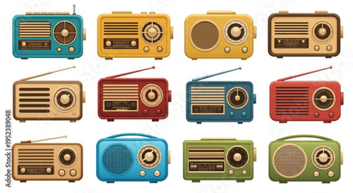 A vibrant collection of vintage radio receivers, presented as detailed illustrations, showcasing the nostalgic appeal of retro designs and classic sound broadcasting technology