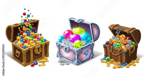 Three ornate treasure chests, open and overflowing with sparkling gold coins and vibrant gemstones, depicting immense wealth, prosperity, and grand game rewards