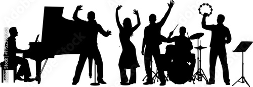 Music band silhouettes collection, live performance musicians set, piano drummer singer tambourine player, concert stage illustration, entertainment show design concept