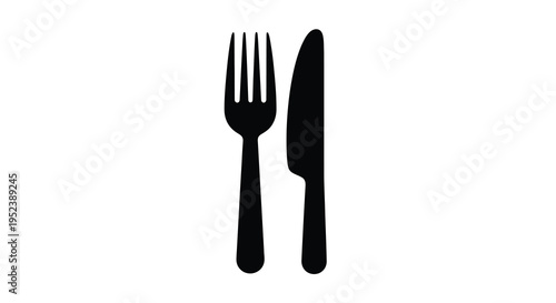 Black fork and knife illustration with a simple stark silhouette
