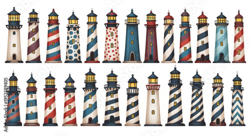 A vibrant collection of illustrated lighthouses, showcasing diverse designs, eye-catching patterns, and striking colors, ideal for maritime-themed projects and coastal inspiration
