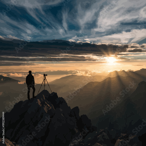 A photographer stands on a mountain peak at sunset with a camera on a tripod