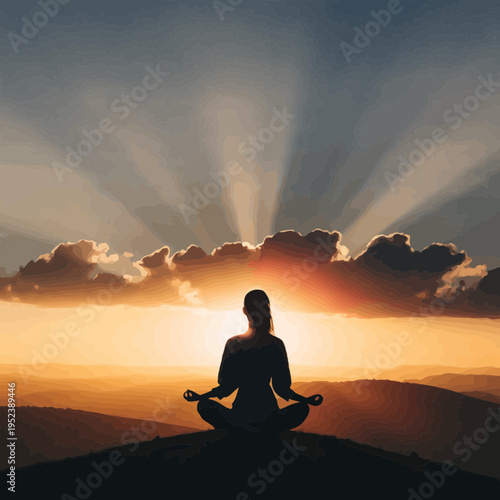 A serene woman meditating in lotus position at sunset