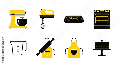 Set of 8 kitchen icons vector, yellow and black