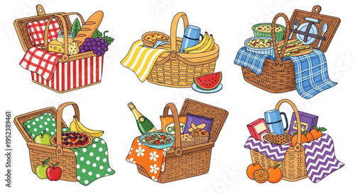 Assortment of picnic baskets filled with food, drinks, and accessories for an outdoor meal