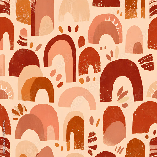 Abstract bohemian seamless pattern with organic blobs arches and fluid shapes in terracotta beige olive and brown showcasing warm earthy design aesthetic
