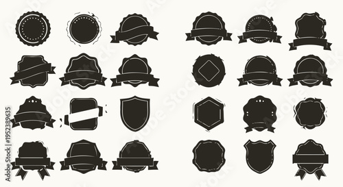 Collection of Black Blank Vintage Badges and Labels, Retro Emblems and Seals