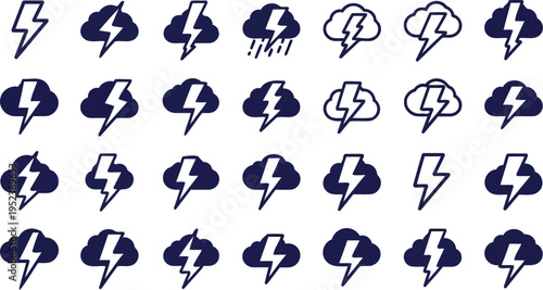 Dark blue outline lightning bolt and rain icon set
