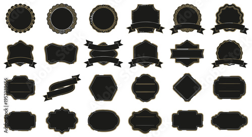Collection of Black Decorative Labels and Badges with Gold Borders