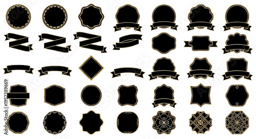 Collection of Black Decorative Labels, Badges, Ribbons, and Frames - Vector Set
