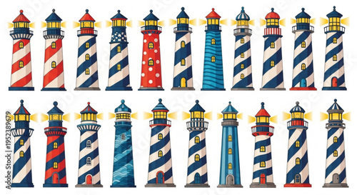 Collection of diverse lighthouse illustrations with striped and spotted patterns in blue and red, symbolizing guidance and coastal safety