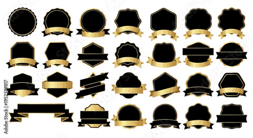 Collection of Golden and Black Ribbons, Badges, and Labels for Design