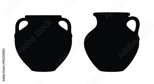 Two ancient pottery vessels depicted in a stark black silhouette