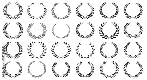 Collection of Laurel Wreath Icons, Award Ribbons, Victory Symbols, and Decorative Borders