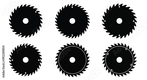 Six black circular saw blades arranged on a white background silhouette