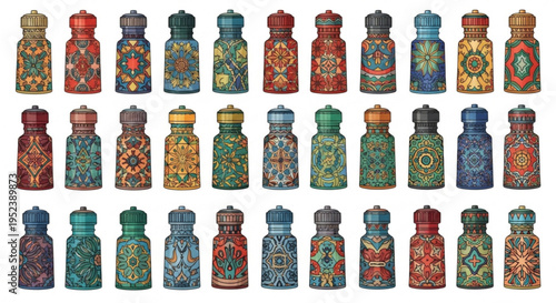 A vibrant collection of spice grinders adorned with intricate, colorful mandala-inspired patterns, showcasing diverse cultural motifs and artistic designs