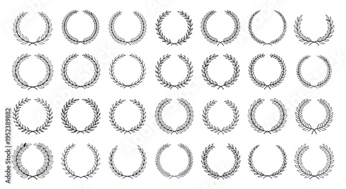Collection of Laurel Wreath Icons, Decorative Branches, Award Symbol, Vintage Style