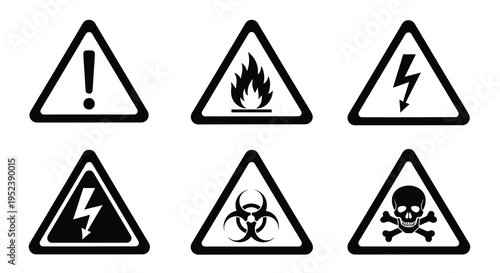Six triangular warning signs depicting various hazards silhouette