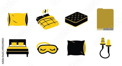 Set of 8 sleep icons vector, black and yellow sleep-related symbols