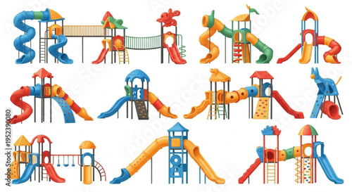Vibrant Collection of Modern Children's Playground Equipment Featuring Colorful Slides, Tunnels, and Climbing Structures for Outdoor Park Fun, Recreation, and Safe Entertainment