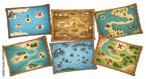 A vibrant collection of diverse cartoon playground equipment, featuring various slides, swings, and climbing structures, perfect for children's outdoor fun and recreational activities