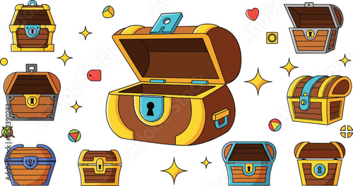 Cartoon treasure chest set with colorful designs and sparkles, playful game loot boxes collection, cute fantasy storage illustration for kids and mobile games