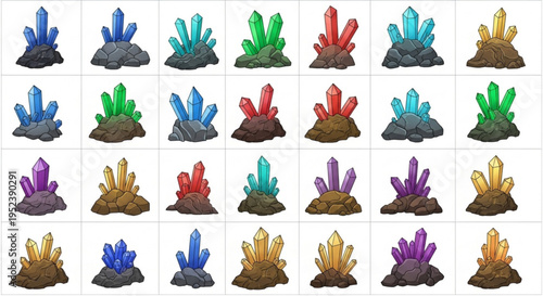 Vibrant collection of mystical gemstone clusters in various colors, growing from earthy rock formations, perfect for game assets or fantasy design elements
