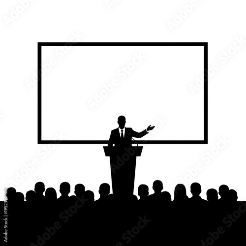 Businessman presenting to audience with blank screen.
