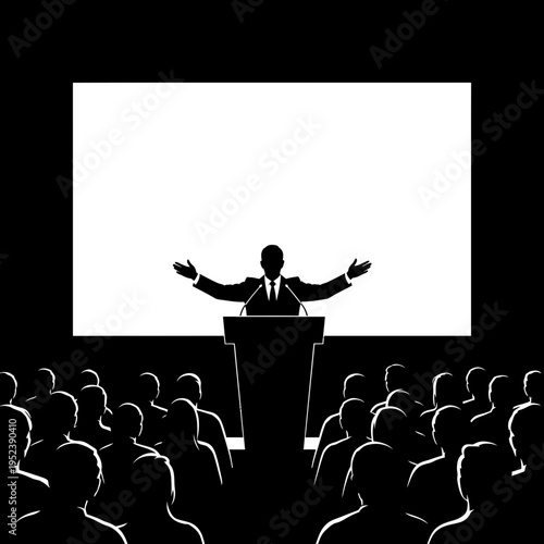 Man Speaking at Podium to Audience.