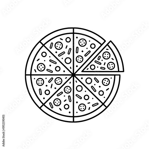 Hand-drawn illustration of a whole sliced pizza, perfect for food, Italian cuisine, restaurant, and menu themed designs.