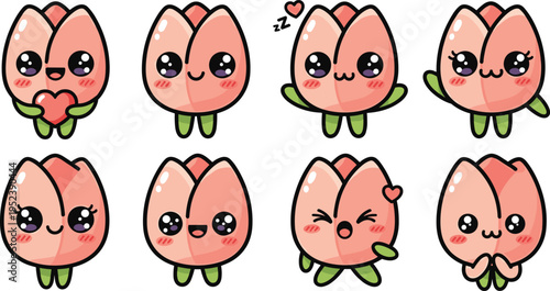 Cute Kawaii Peach Character Collection with Different Emotions Adorable Cartoon Fruit Mascot Set Flat Vector Illustration Design
