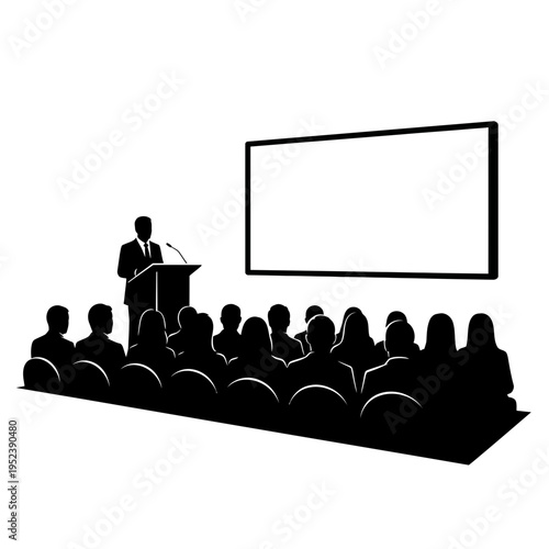 Businessman presenting to audience in conference hall.